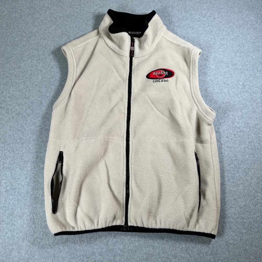 VTG‎ Hard Rock Cafe Chicago Fleece Vest Full Zip Sleeveless Beige L
